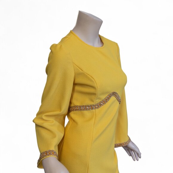 Vintage 1960s Goldenrod Yellow Maxi Dress with Metallic Gold Trim * Medium - Picture 4 of 10